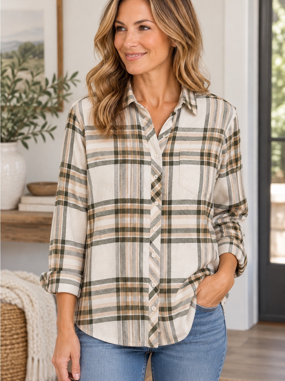 Weatherproof Vintage Women's Comfort Stretch Plaid Flannel Shirt Sz S